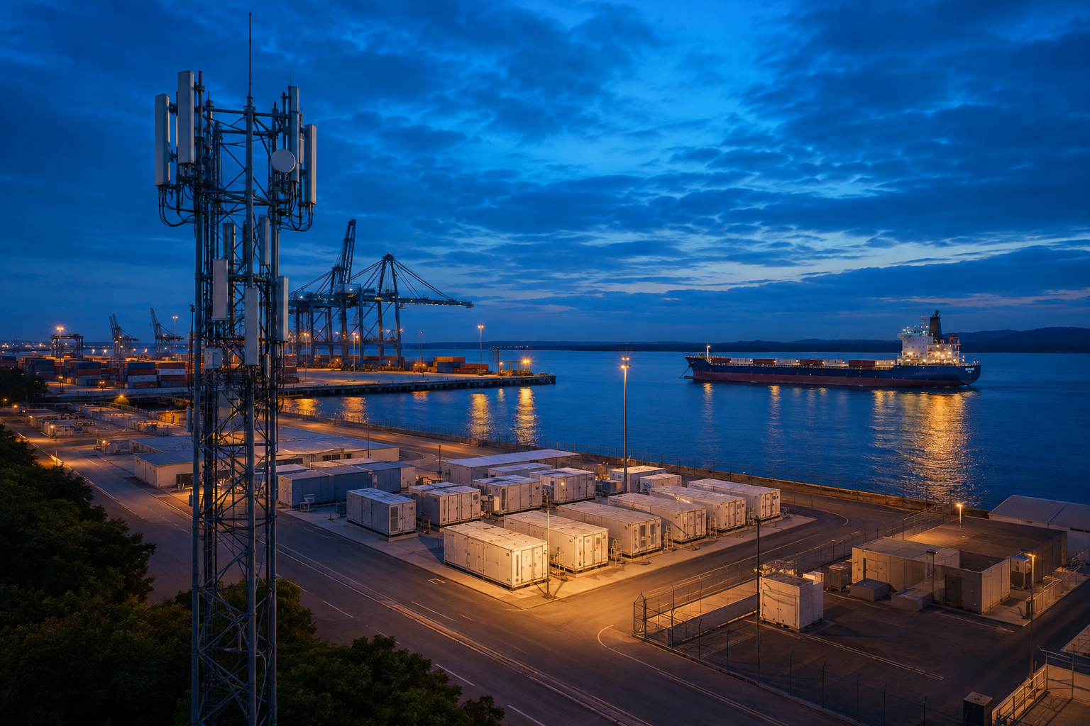 Telecom, energy and logistics infrastructure at a modern coastal terminal